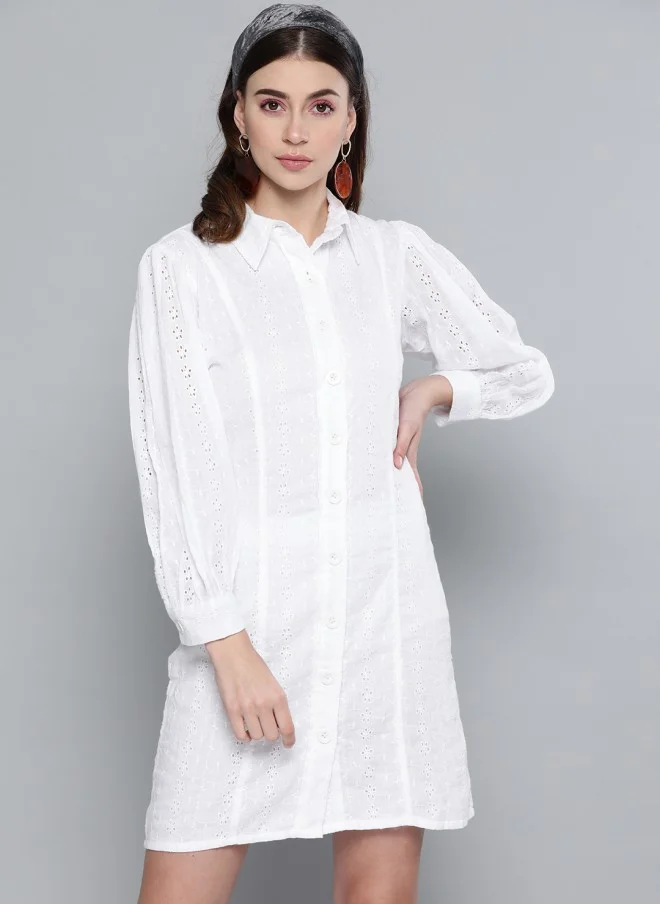 SASSAFRAS Women White Schiffli Embroidered Shirt Dress