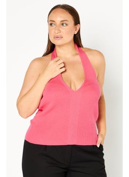 GLAMOROUS Women Halter Neck Sleeveless Knitted Top, Pink  - Image 1