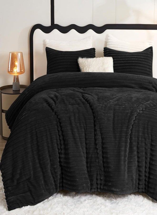 CozyLux Fluffy Full Size Comforter Sets - Super Soft & Warm Black Comforter Full Size, Winter Fleece Bedding Set, 3 Pieces Plush Fuzzy Bed Set (1 Shaggy Comforter, 2 Pillowcases) - Image 1