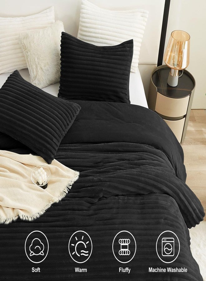 CozyLux Fluffy Full Size Comforter Sets - Super Soft & Warm Black Comforter Full Size, Winter Fleece Bedding Set, 3 Pieces Plush Fuzzy Bed Set (1 Shaggy Comforter, 2 Pillowcases) - Image 2