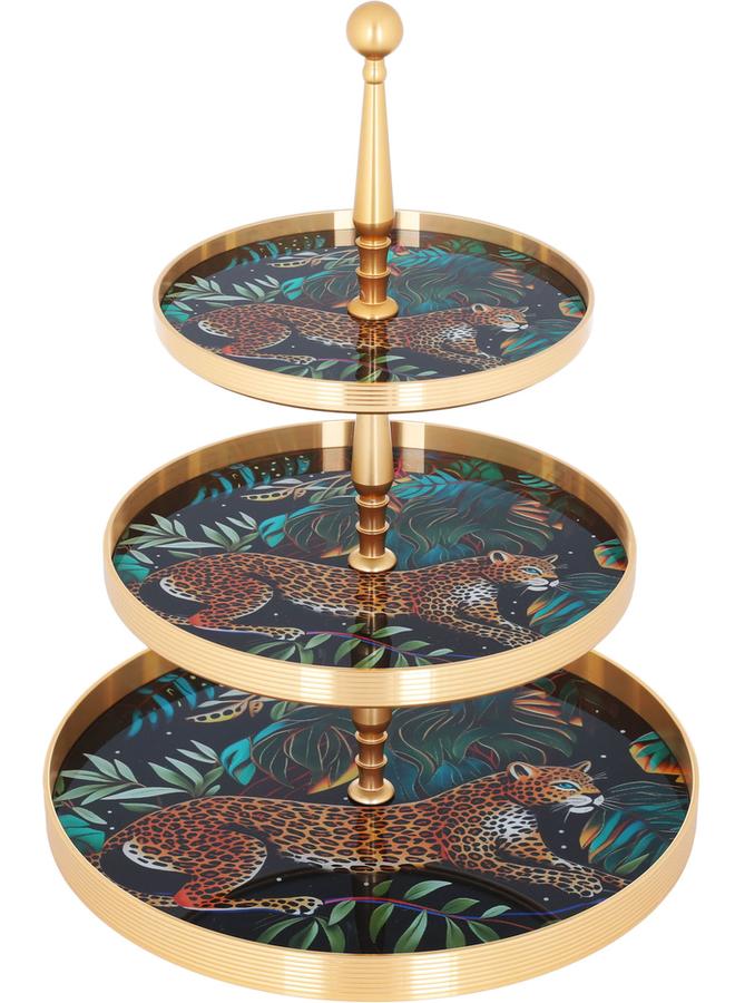 السيف  حامل تقديم الكيك من الفولاذ بنمط النمر الدائري، 3 مستويات، ذهبي