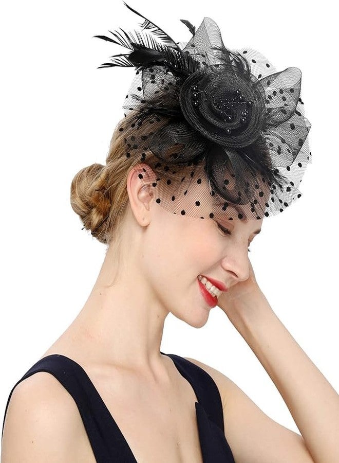 Alexvyan Black Fascinator Hats for Women Flower Mesh Ribbons Feathers with Pearl Headband Cocktail, Tea Party Headwear Vintage Ladies Hair Clip and Band Fascinators - Image 1