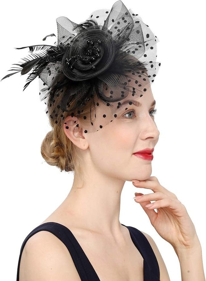 Alexvyan Black Fascinator Hats for Women Flower Mesh Ribbons Feathers with Pearl Headband Cocktail, Tea Party Headwear Vintage Ladies Hair Clip and Band Fascinators - Image 5