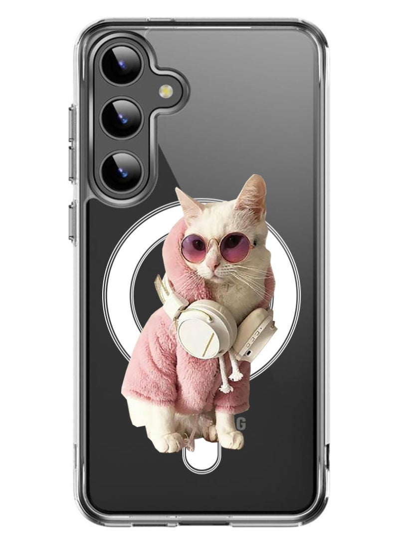 Theodor Magnetic Case for Samsung Galaxy S24 6.2-inch Compatible with MagSafe Wireless Charging, Shockproof Phone Bumper Cover White Cat - Image 1