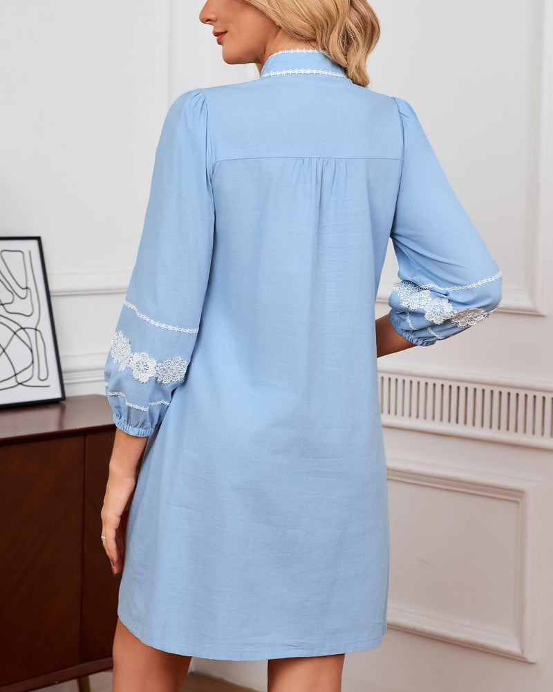 YEXPINE Women's Embroidered Lace Floral Tunic Dress 3/4 Puff Sleeve V Neck Mini Dress with Pockets Blue - Image 5