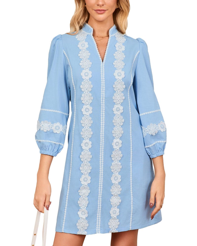 YEXPINE Women's Embroidered Lace Floral Tunic Dress 3/4 Puff Sleeve V Neck Mini Dress with Pockets Blue - Image 1