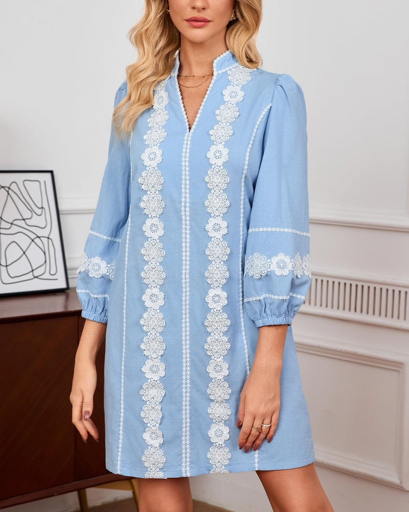 YEXPINE Women's Embroidered Lace Floral Tunic Dress 3/4 Puff Sleeve V Neck Mini Dress with Pockets Blue - Image 4