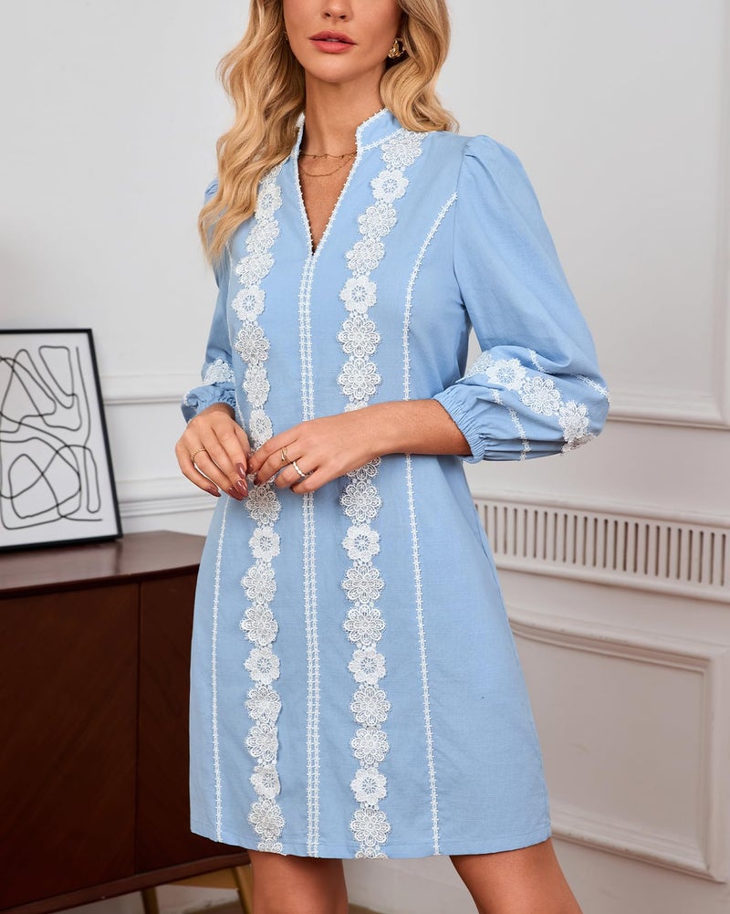 YEXPINE Women's Embroidered Lace Floral Tunic Dress 3/4 Puff Sleeve V Neck Mini Dress with Pockets Blue - Image 3