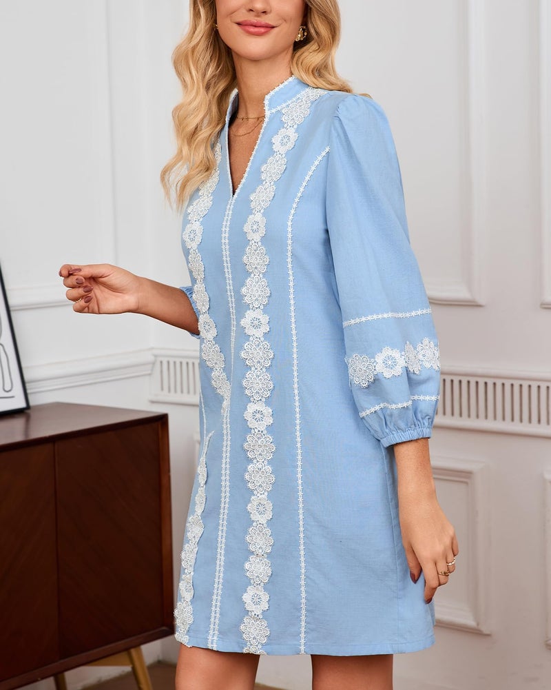 YEXPINE Women's Embroidered Lace Floral Tunic Dress 3/4 Puff Sleeve V Neck Mini Dress with Pockets Blue - Image 2