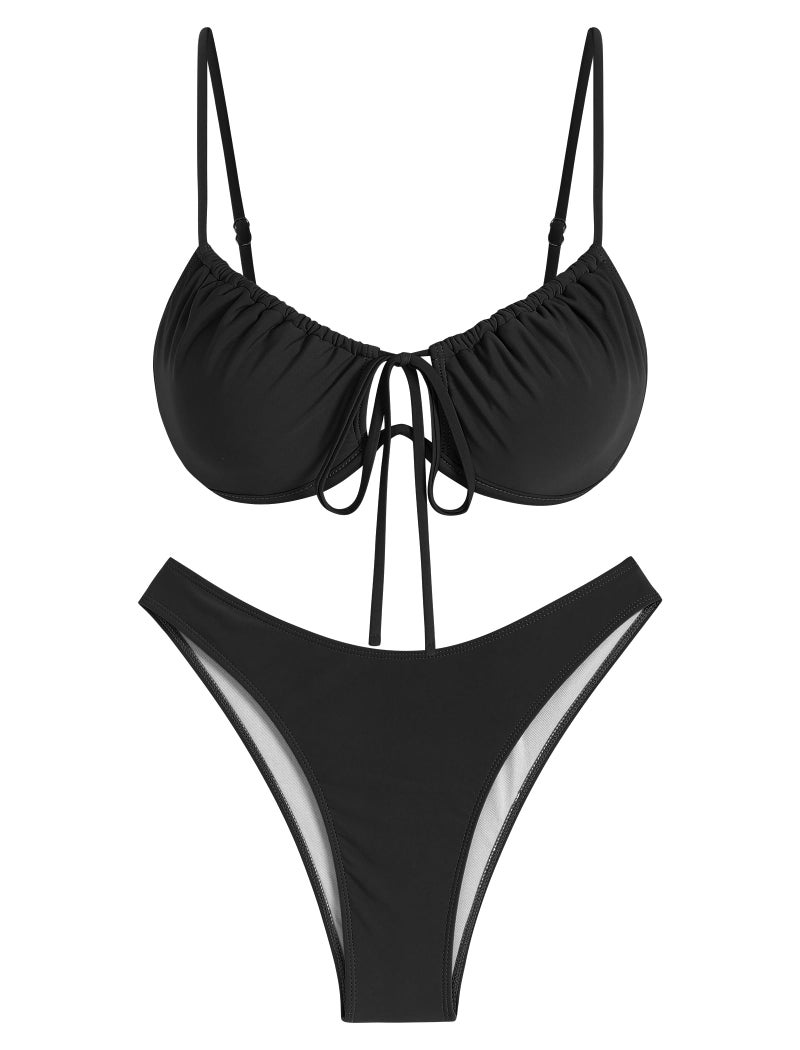 ZAFUL Women High Cut Bikini Sets String Sexy Swimsuit Two Piece Underwire Bathing Suit Brazilian Cheeky Cut Out Cute Swimwear Black M - Image 5