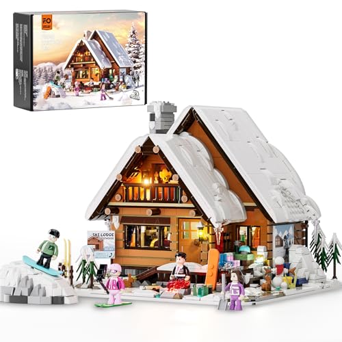 FUNWHOLE Christmas Ski-Cabin Lighting Building-Bricks-Set - Retro Christmas Winter Snow House Collection LED Light Building Construction Holiday Model Set 2187 Pcs for Adults and Teen - Image 1
