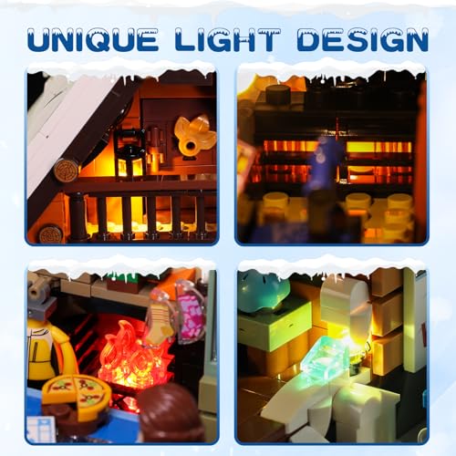 FUNWHOLE Christmas Ski-Cabin Lighting Building-Bricks-Set - Retro Christmas Winter Snow House Collection LED Light Building Construction Holiday Model Set 2187 Pcs for Adults and Teen - Image 4