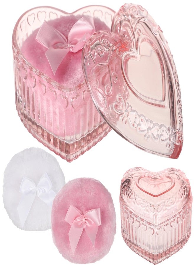 Homaisson 3 Pcs Large Powder Puff Set, Heart-shaped Glass Container with Soft Plush Makeup Puffs, Washable & Reusable, Cute Vanity Décor for Wet and Dry Makeup - Image 1