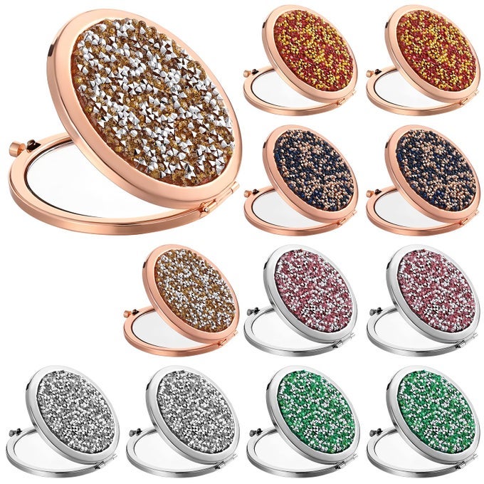 12 PCS SMALL COMPACT FOLDING POCKET MAKEUP MIRROR ROUND HAND HELD MIRROR WITH 1X2X MAGNIFICATION FOR WOMEN GIRLS TRAVEL