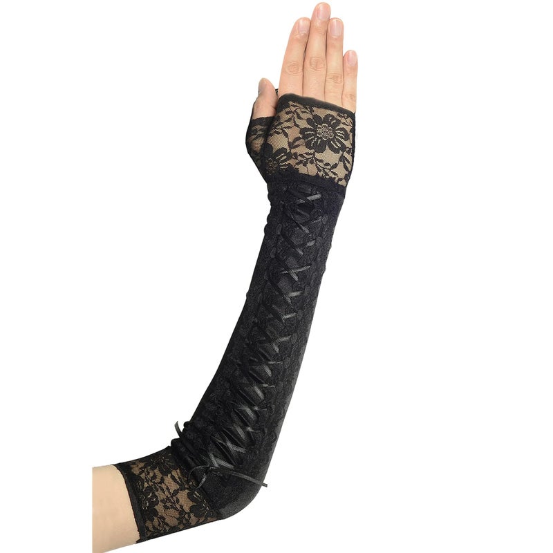 SOLARAE Lace Up Fingerless Gloves Long Elbow Gloves for Costume Party Lace-up Arm Warmer - Image 2