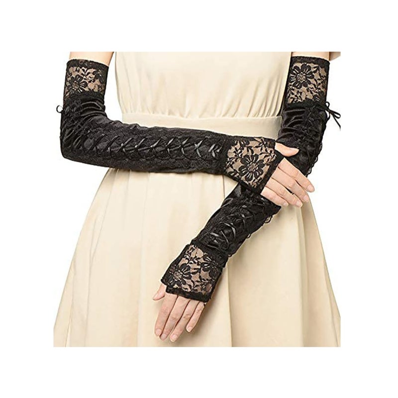 SOLARAE Lace Up Fingerless Gloves Long Elbow Gloves for Costume Party Lace-up Arm Warmer - Image 5