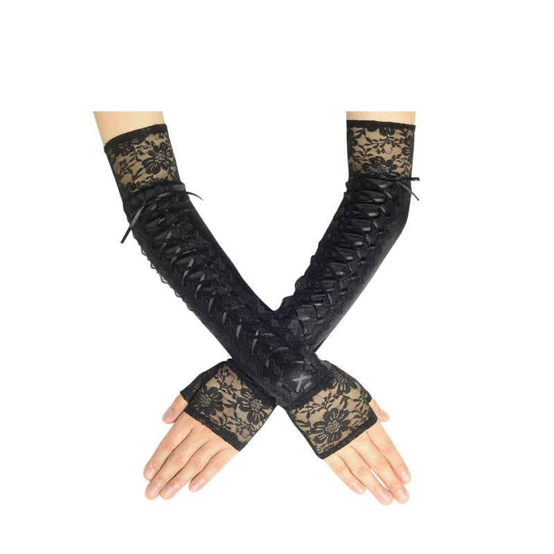 SOLARAE Lace Up Fingerless Gloves Long Elbow Gloves for Costume Party Lace-up Arm Warmer - Image 1