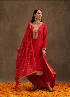 Libas Silk Embroidered Kurta and Solid Trousers with Embroidered Dupatta Set by Styli  - Image 1