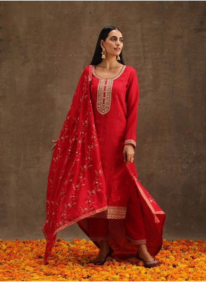 Libas Silk Embroidered Kurta and Solid Trousers with Embroidered Dupatta Set by Styli  - Image 1