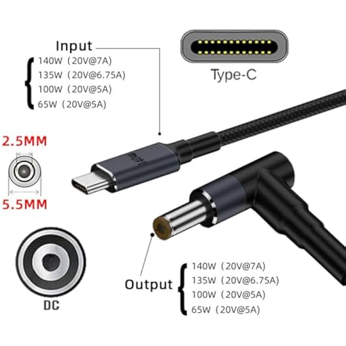 rayihni كابل شحن USB C إلى DC 5.5X2.5MM 20V بقوة 65W 100W 135W 140W لأجهزة اللابتوب - Image 2
