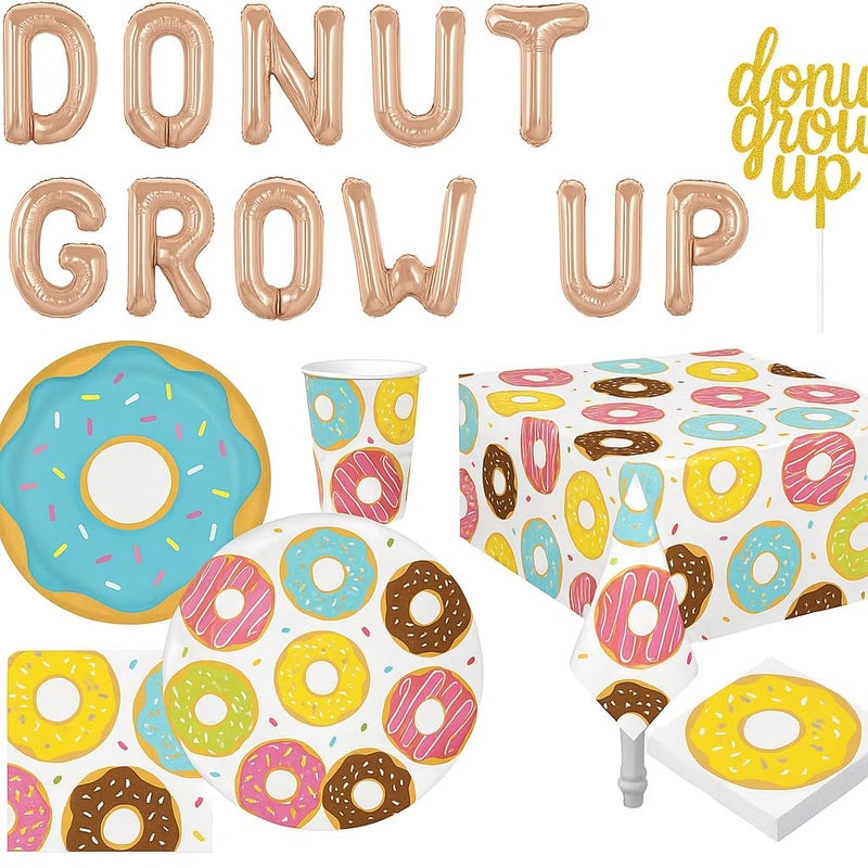 Oojami Serves 30 Complete Party Pack Donut Party 9 Dinner Paper Plates 7 Dessert Paper Plates 9 oz Cups 3 Ply Napkins Cake Topper Table cover Donut Grow Up Balloon Donut Theme Party - Image 2