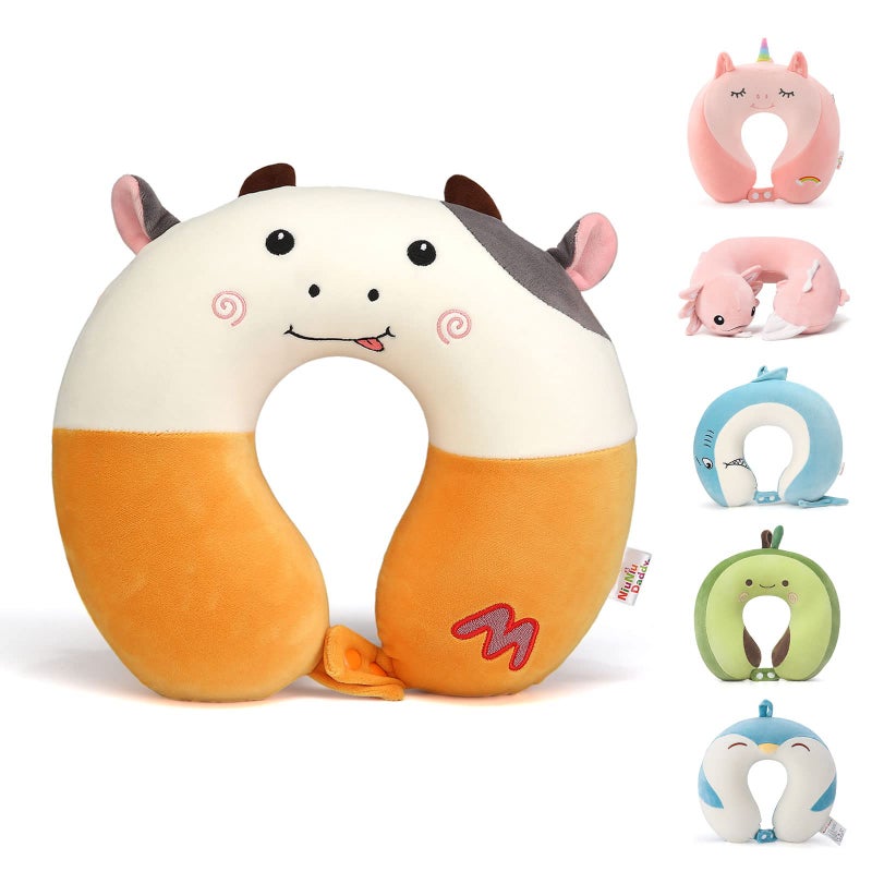 Niuniu Daddy Kids Travel Neck Pillow  Memory Foam Neck and Chin Support for Airplane Car Road Trips  Cute Cow Design Airplane Essentials for Kids Boys Girls
