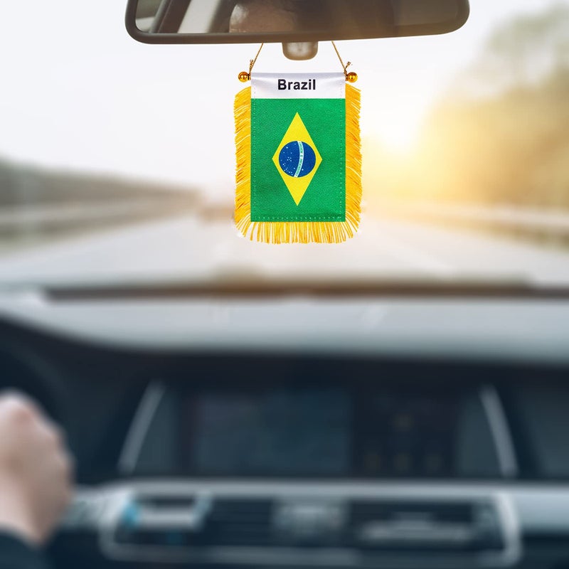 WXTWK 3 X 5 Inch Brazil Flag Brazilian Window Hanging Flag Small Mini Car Flags Banners Rearview Mirror Decoration with Suction Cup Golden Fringy Banner - Image 4