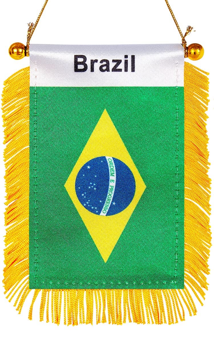 WXTWK 3 X 5 Inch Brazil Flag Brazilian Window Hanging Flag Small Mini Car Flags Banners Rearview Mirror Decoration with Suction Cup Golden Fringy Banner - Image 1