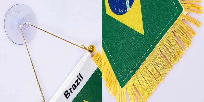 WXTWK 3 X 5 Inch Brazil Flag Brazilian Window Hanging Flag Small Mini Car Flags Banners Rearview Mirror Decoration with Suction Cup Golden Fringy Banner - Image 3