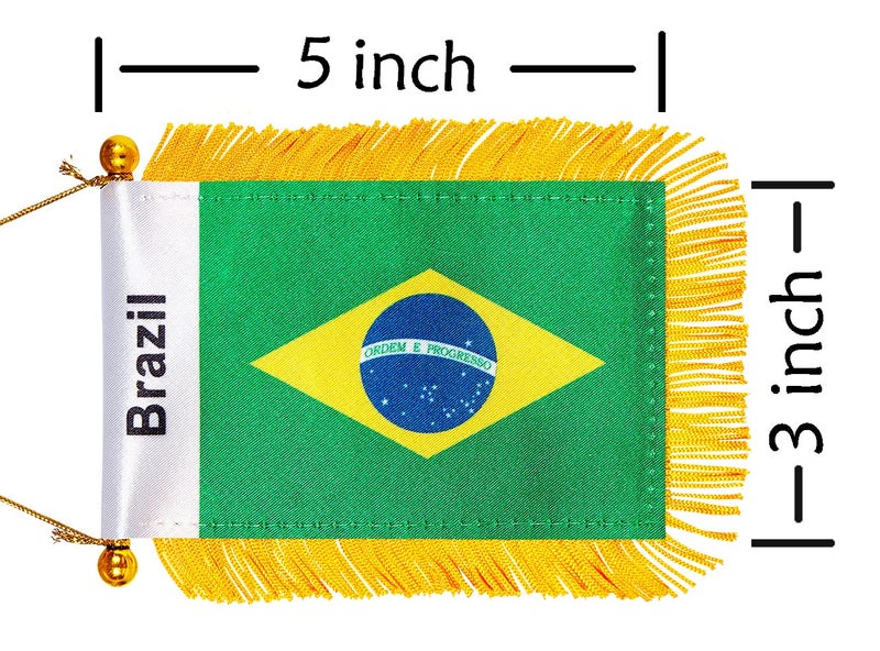 WXTWK 3 X 5 Inch Brazil Flag Brazilian Window Hanging Flag Small Mini Car Flags Banners Rearview Mirror Decoration with Suction Cup Golden Fringy Banner - Image 2