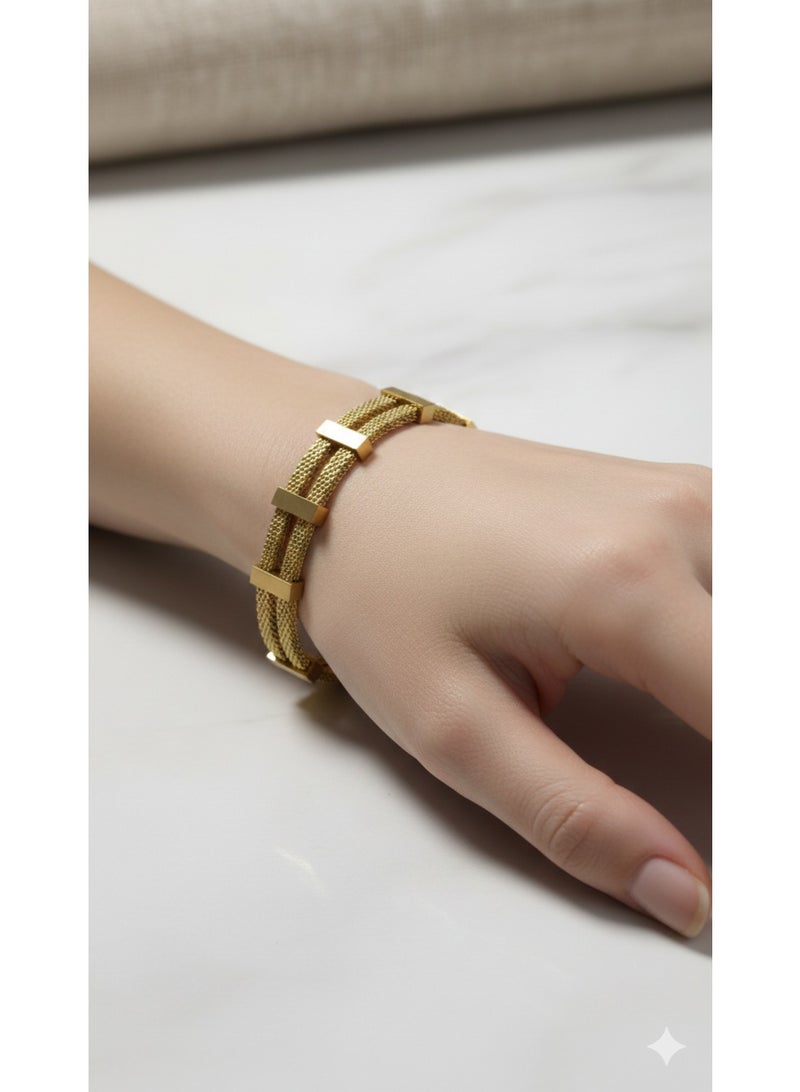 Gold-Plated Stainless Steel Geometric Mesh Bracelet for Women - Image 1