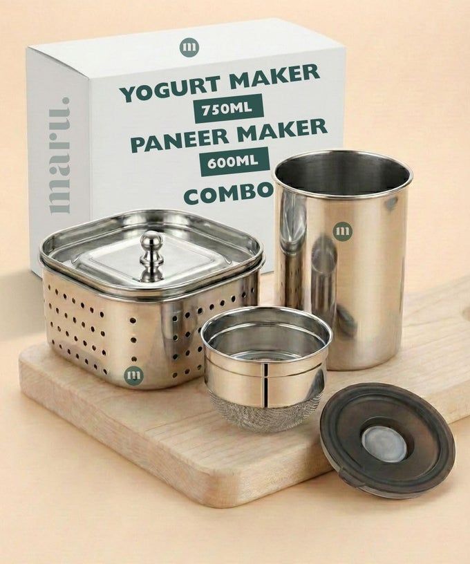 MARU Stainless Steel Yogurt Maker 750ml & Paneer Maker 600ml Combo Set, Easy to Use Hung Curd Maker, Greek Yogurt & Fresh Paneer & Sprouts Making Strainer, Durable Dairy Straining Tools - Image 1