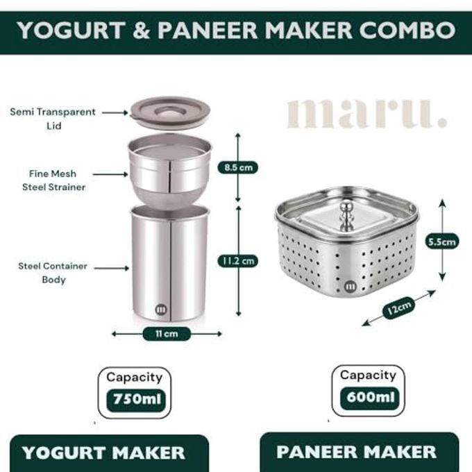 MARU Stainless Steel Yogurt Maker 750ml & Paneer Maker 600ml Combo Set, Easy to Use Hung Curd Maker, Greek Yogurt & Fresh Paneer & Sprouts Making Strainer, Durable Dairy Straining Tools - Image 2