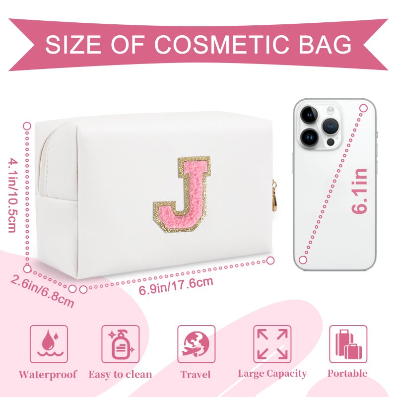 ChaoGreat Personalized Makeup Bag Initial A-Z Preppy Patch Bag Small Pu Leather Travel Cosmetic Bag Pouch With Zipper White Cute Toiletry Bag Gift Ideal For Teen Girls Women Birthday Friend Mom Letter J - Image 2