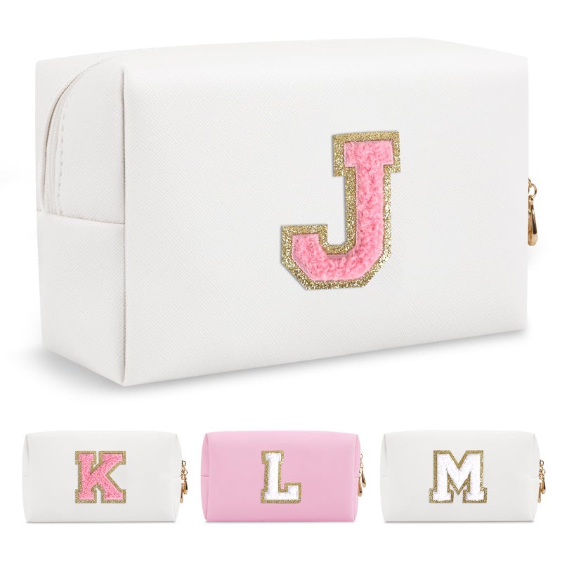 ChaoGreat Personalized Makeup Bag Initial A-Z Preppy Patch Bag Small Pu Leather Travel Cosmetic Bag Pouch With Zipper White Cute Toiletry Bag Gift Ideal For Teen Girls Women Birthday Friend Mom Letter J - Image 1