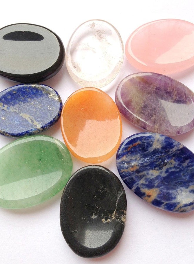crystalmiracle Beautiful Lot of Nine Gemstone Worry Stones Positive Energy Crystal Healing Thumb Stone for Powerful Reiki Protective Meditation Feng Shui Gifts for Men Women