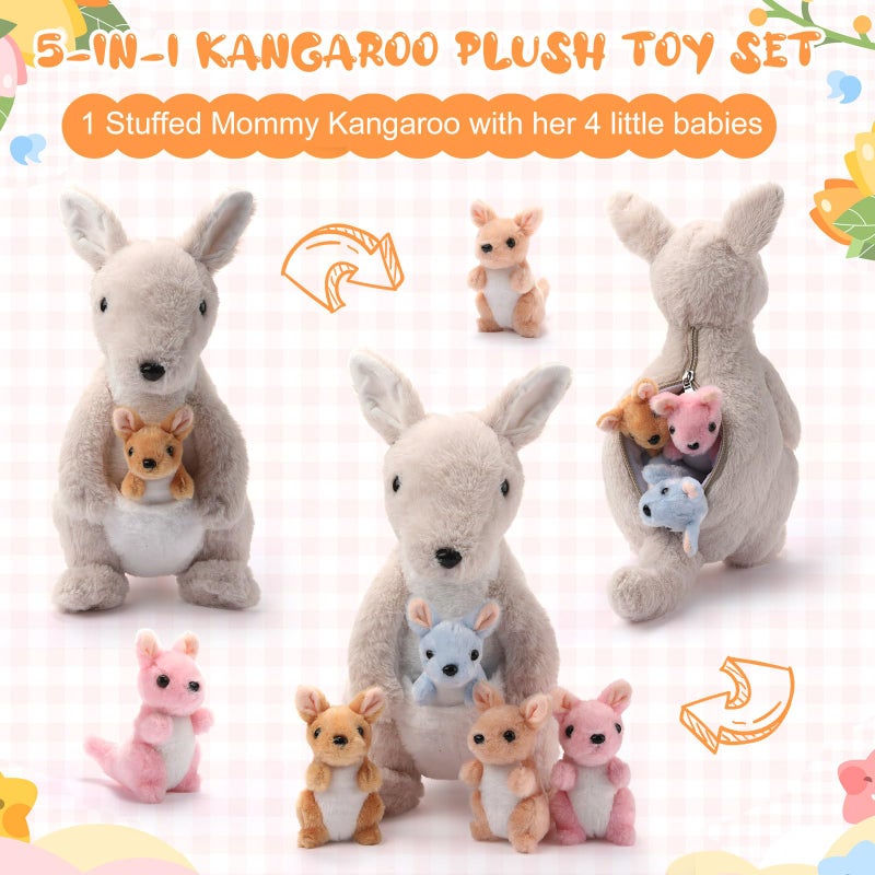 Arrowbash 5 Pcs Kangaroo Stuffed Animals, 12 Inch Large Plush Mommy Kangaroo with 4 Little Babies Soft Plush Stuffed Animals Set for Boys and Girls Valentines Easter Birthday Party Favors(Grey) - Image 3