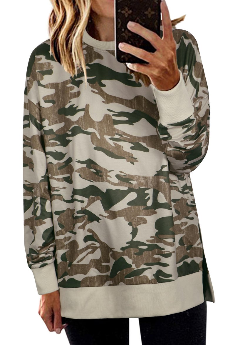 ECOWISH Women Side Split Sweatshirt: Fall Crewneck Long Sleeve Oversized Camo Shirts Casual Camouflage Print Pullover Tops 017 Army Green XL - Image 1