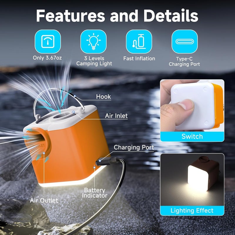Clopria Portable Air Pump for Inflatables, 4.5kPa Mini Air Mattress Pump with Camping Light, 2400mAh Battery Rechargeable Air Pump for Pool Floats, Sleeping Pads, Swimming Ring, Vacuum Storage Bags - Image 2