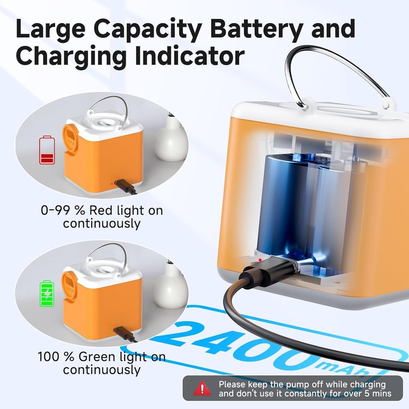 Clopria Portable Air Pump for Inflatables, 4.5kPa Mini Air Mattress Pump with Camping Light, 2400mAh Battery Rechargeable Air Pump for Pool Floats, Sleeping Pads, Swimming Ring, Vacuum Storage Bags - Image 4