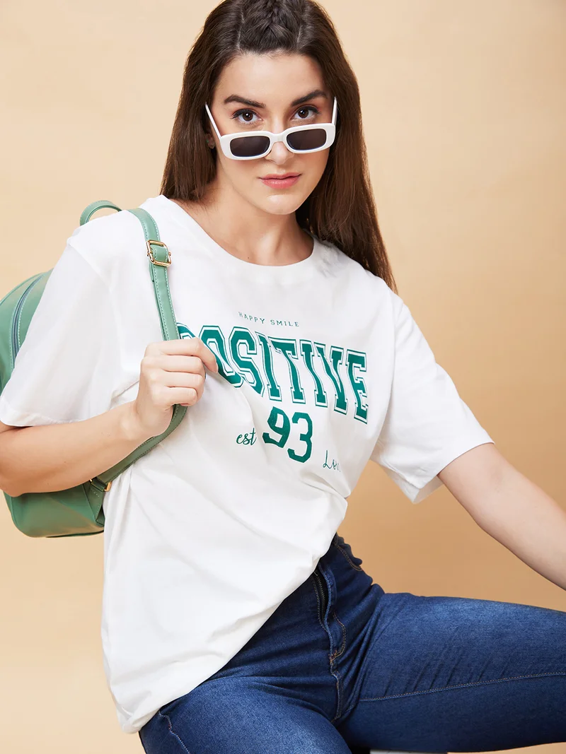 Women Typography Printed Pure Cotton Oversized T-Shirt