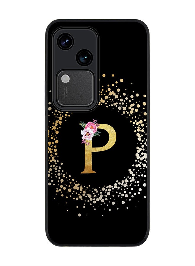 Stylizedd Rugged Black edge case for Vivo V30 5G, Slim fit Flexible Cover -  Custom Monogram Initial Letter Floral Pattern Alphabet - P ( Black ) - Image 1