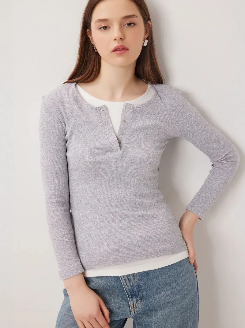 السعادة في إسطنبول ISTANBUL Slim Fit Ribbed Button-Up Long Sleeve Blouse