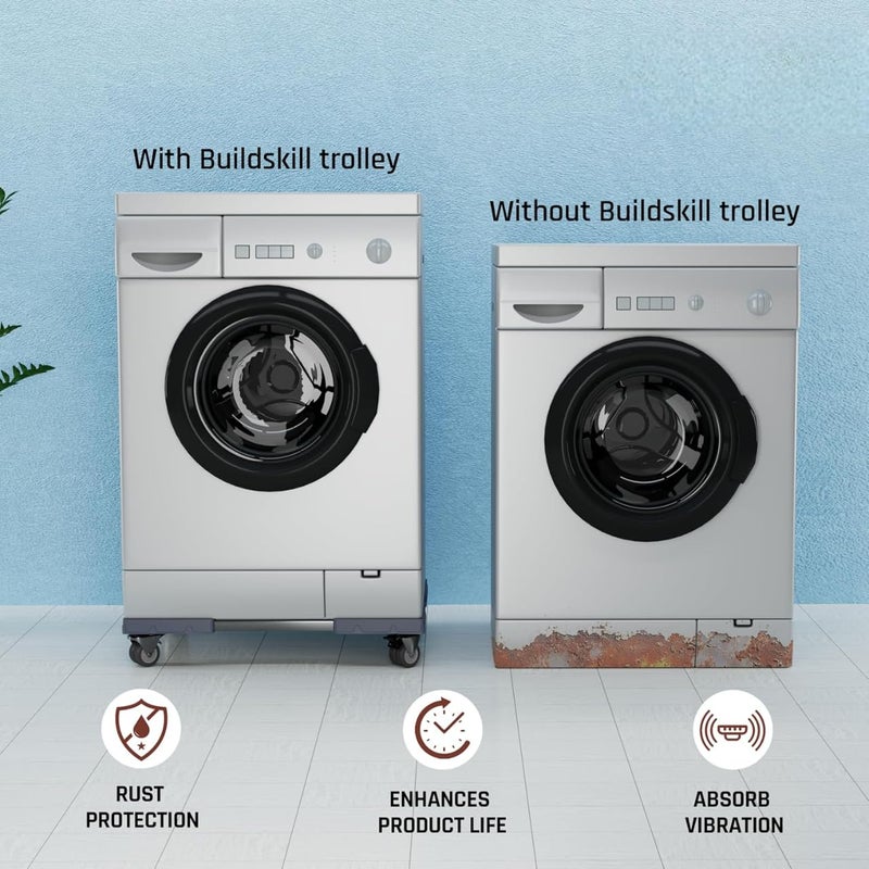 TEKCOOL حامل غسالة قابل للتعديل 200 كجم | أنابيب SS | عجلات مزدوجة دوارة 360° مع قفل | يمتص الاهتزاز | سطح مضاد للانزلاق وحامل غسالة تحميل أمامي (رمادي) - Image 5