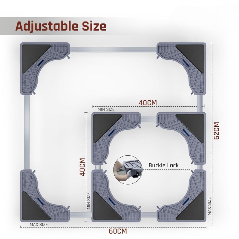 TEKCOOL حامل غسالة قابل للتعديل 200 كجم | أنابيب SS | عجلات مزدوجة دوارة 360° مع قفل | يمتص الاهتزاز | سطح مضاد للانزلاق وحامل غسالة تحميل أمامي (رمادي) - Image 2