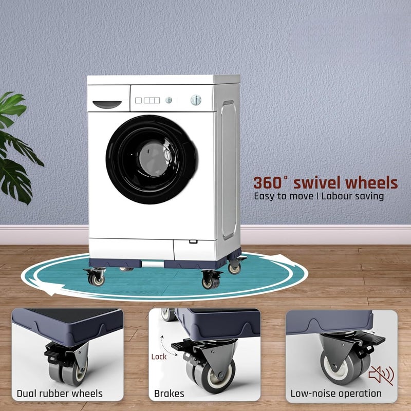 TEKCOOL حامل غسالة قابل للتعديل 200 كجم | أنابيب SS | عجلات مزدوجة دوارة 360° مع قفل | يمتص الاهتزاز | سطح مضاد للانزلاق وحامل غسالة تحميل أمامي (رمادي) - Image 3