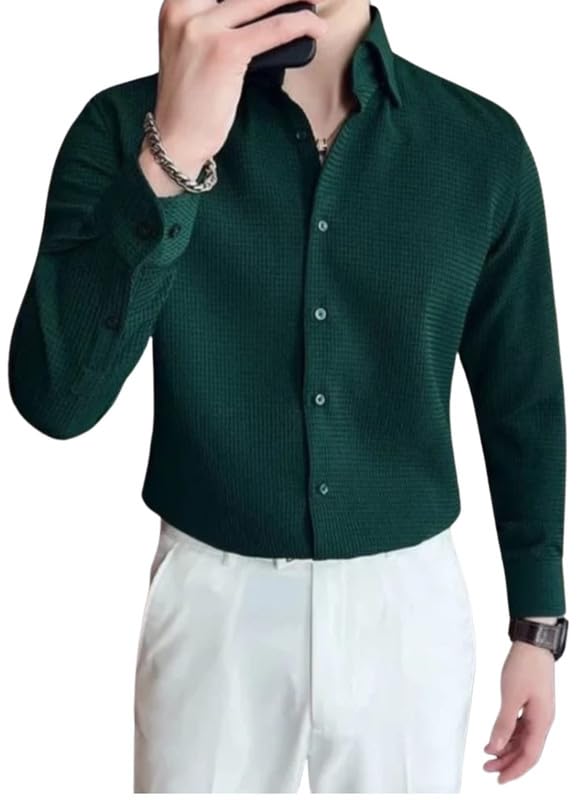 NoseQueen Mens Casual Shirts Plain Button Down Shirt Long Sleeve Textured Summer Beach Shirt for Men Green - Image 5