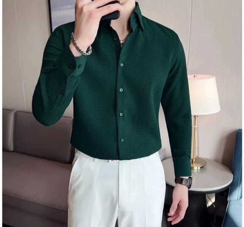 NoseQueen Mens Casual Shirts Plain Button Down Shirt Long Sleeve Textured Summer Beach Shirt for Men Green - Image 3