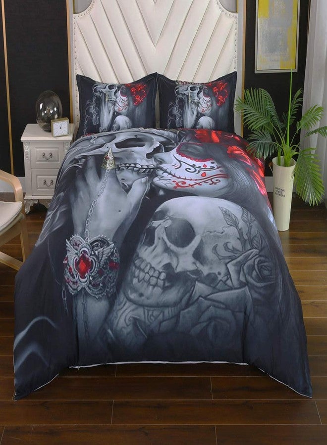 Suncloris, Bedding Duvet Cover Sets, 3D Dead Sugar Skull Girl Kissing Skull Home Bedding Set.Included: Duvet Cover,Pillowcase(no Comforter Inside) (Queen) - Image 3