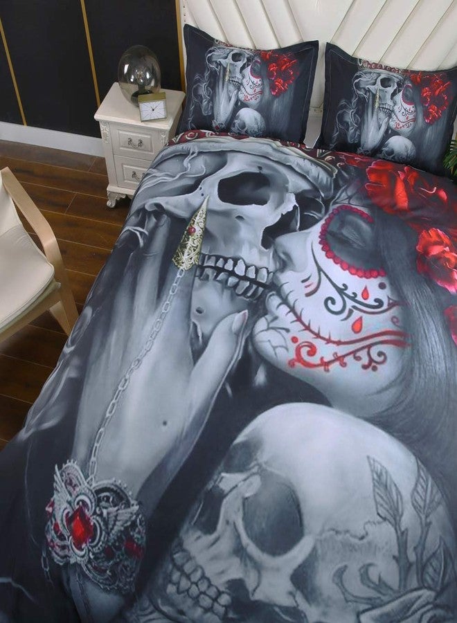 Suncloris, Bedding Duvet Cover Sets, 3D Dead Sugar Skull Girl Kissing Skull Home Bedding Set.Included: Duvet Cover,Pillowcase(no Comforter Inside) (Queen) - Image 4